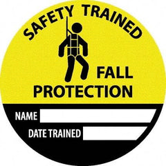 NMC - Safety Trained Fall Protection - Name ____ Date Trained ____, Hard Hat Label - Round, Yellow, Black, White, 0.004" Thick, Indoor or Outdoor, Adhesive Backed, For Accident Prevention - Benchmark Tooling