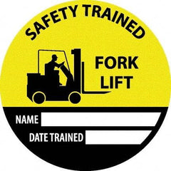 NMC - Safety Trained Fork Lift - Name ____ Date Trained ____, Hard Hat Label - Round, Yellow, Black, White, 0.004" Thick, Indoor or Outdoor, Adhesive Backed, For Accident Prevention - Benchmark Tooling