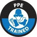 NMC - PPE Trained, Hard Hat Label - Round, Black & Blue on White, 0.004" Thick, Indoor or Outdoor, Adhesive Backed, For Accident Prevention - Benchmark Tooling