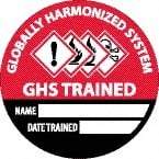 NMC - Globally Harmonized System GHS Trained - Name ____ Date Trained ____, Hard Hat Label - Round, Black & White on Red, 0.004" Thick, Indoor or Outdoor, Adhesive Backed, For Accident Prevention - Benchmark Tooling