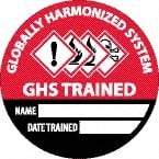 NMC - Globally Harmonized System GHS Trained - Name ____ Date Trained ____, Hard Hat Label - Diamond, Black & White on Red, 0.004" Thick, Indoor or Outdoor, Adhesive Backed, For Accident Prevention - Benchmark Tooling