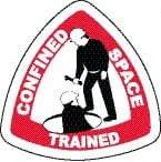 NMC - Confined Space Trained, Hard Hat Label - Triangle, Black & Red on White, 0.004" Thick, Indoor or Outdoor, Adhesive Backed, For Accident Prevention - Benchmark Tooling