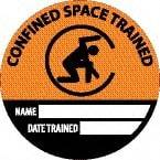 NMC - Confined Space Trained - Name ____ Date Trained ____, Hard Hat Label - Round, Black & Orange on White, 0.004" Thick, Indoor or Outdoor, Adhesive Backed, For Accident Prevention - Benchmark Tooling