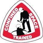 NMC - Confined Space Trained, Hard Hat Label - Triangle, Black & Red on White, 0.004" Thick, Indoor or Outdoor, Adhesive Backed, For Accident Prevention - Benchmark Tooling