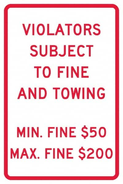 NMC - "Violators Subject To Fine And Towing, Min. Fine $50 Max Fine $200", 12" Wide x 18" High, Aluminum Reserved Parking Signs - 0.04" Thick, Red on White, Rectangle, Post Mount - Benchmark Tooling