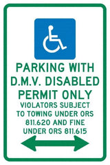 NMC - "Parking With D.M.V. Disabled Permit Only", "Double Arrow, Handicapped Symbol", 12" Wide x 18" High, Aluminum ADA Signs - 0.04" Thick, Green & Blue on White, Rectangle, Post Mount - Benchmark Tooling