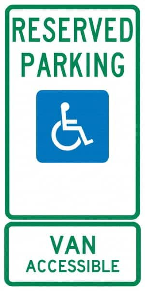 NMC - "Reserved Parking Van Accessible", "Handicap Symbol", 12" Wide x 24" High, Aluminum ADA Signs - 0.04" Thick, Green & Blue on White, Rectangle, Post Mount - Benchmark Tooling