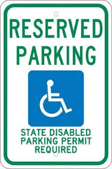 NMC - "Reserved Parking State Disabled Parking Permit Required", "Handicap Symbol", 12" Wide x 18" High, Aluminum ADA Signs - 0.08" Thick, Green & Blue on White, Engineer Grade Reflectivity, Rectangle, Post Mount - Benchmark Tooling