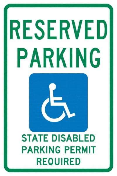 NMC - "Reserved Parking State Disabled Parking Permit Required", "Handicap Symbol", 12" Wide x 18" High, Aluminum ADA Signs - 0.04" Thick, Green & Blue on White, Rectangle, Post Mount - Benchmark Tooling