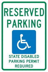 NMC - "Reserved Parking State Disabled Parking Permit Required", "Handicap Symbol", 12" Wide x 18" High, Aluminum ADA Signs - 0.04" Thick, Green & Blue on White, Rectangle, Post Mount - Benchmark Tooling