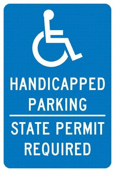 NMC - "Handicapped Parking State Permit Required", "Handicap Symbol", 12" Wide x 18" High, Aluminum ADA Signs - 0.04" Thick, White on Blue, Rectangle, Post Mount - Benchmark Tooling