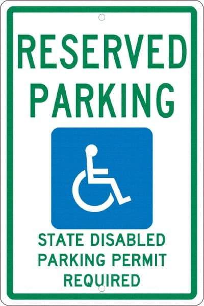 NMC - "Reserved Parking State Disabled Parking Permit Required", "Handicap Symbol", 12" Wide x 18" High, Aluminum ADA Signs - 0.063" Thick, Green & Blue on White, Rectangle, Post Mount - Benchmark Tooling