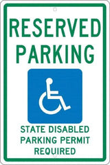 NMC - "Reserved Parking State Disabled Parking Permit Required", "Handicap Symbol", 12" Wide x 18" High, Aluminum ADA Signs - 0.063" Thick, Green & Blue on White, Rectangle, Post Mount - Benchmark Tooling