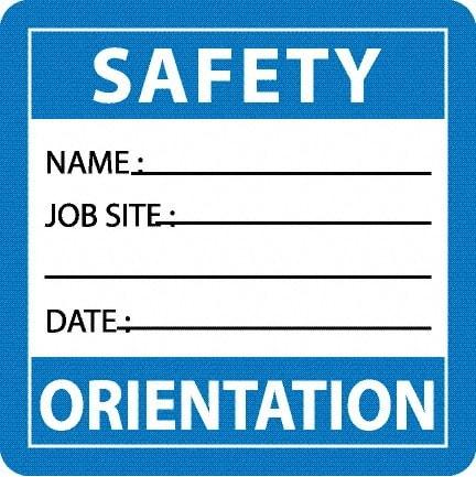 NMC - Safety Orientation - Name ____ Job Site ____ Date ____, Hard Hat Label - Blue/White/Black, 0.045" Thick, For Accident Prevention - Benchmark Tooling