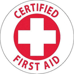 NMC - Certified First Aid, Hard Hat Label - Red on White, 0.045" Thick, For Accident Prevention - Benchmark Tooling