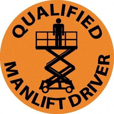 NMC - Qualified Man Lift Driver, Hard Hat Label - Black on Orange, 0.045" Thick, For Accident Prevention - Benchmark Tooling