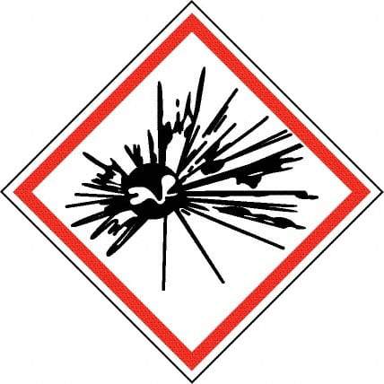 NMC - Hazardous Materials Label, Header: Explosive Warning - Legend: GHS - Graphic, English, Black & Red, 4" Long x 4" High, No Coating - Benchmark Tooling
