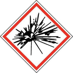 NMC - Hazardous Materials Label, Header: Explosive Warning - Legend: GHS - Graphic, English, Black & Red, 4" Long x 4" High, No Coating - Benchmark Tooling