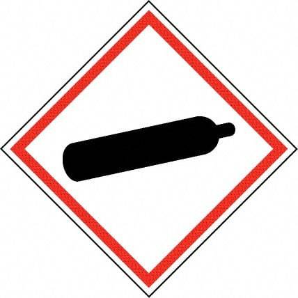 NMC - Hazardous Materials Label, Header: Compressed Gas Warning - Legend: GHS - Graphic, English, Black & Red, 4" Long x 4" High, No Coating - Benchmark Tooling