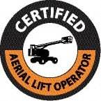 NMC - Certified Aerial Lift Operator, Hard Hat Label - Round, Black & Orange on White, 0.004" Thick, Indoor or Outdoor, Adhesive Backed, For Certified Operator - Benchmark Tooling