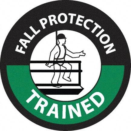 NMC - Fall Protection Trained, Hard Hat Label - Round, White & Green on Black, 0.004" Thick, Indoor or Outdoor, Adhesive Backed, For Accident Prevention - Benchmark Tooling