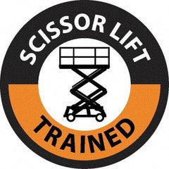 NMC - Scissor Lift Trained, Hard Hat Label - Round, Black & Orange on White, 0.004" Thick, Indoor or Outdoor, Adhesive Backed, For Accident Prevention - Benchmark Tooling