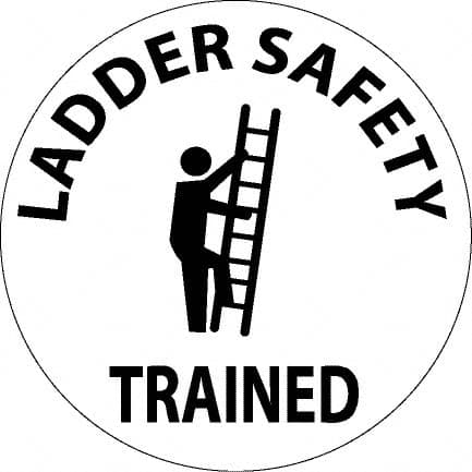 NMC - Ladder Safety Trained, Hard Hat Label - Round, Black on White, 0.004" Thick, Indoor or Outdoor, Adhesive Backed, For Accident Prevention - Benchmark Tooling