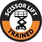 NMC - Scissor Lift Trained, Hard Hat Label - Round, Black & Orange on White, 0.004" Thick, Indoor or Outdoor, Adhesive Backed, For Accident Prevention - Benchmark Tooling