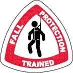 NMC - Fall Protection Trained, Hard Hat Label - Diamond, Black & Red on White, 0.004" Thick, Indoor or Outdoor, Adhesive Backed, For Accident Prevention - Benchmark Tooling