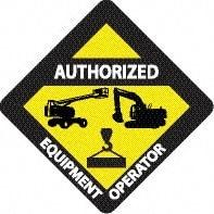 NMC - Authorized Equipment Operator, Hard Hat Label - Diamond, Black & White on Yellow, 0.004" Thick, Indoor or Outdoor, Adhesive Backed, For Accident Prevention - Benchmark Tooling