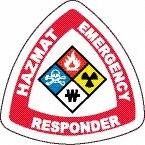 NMC - Haz Mat Emergency Responder, Hard Hat Label - Diamond, Blue, Red, Yellow & Black on White, 0.004" Thick, Indoor or Outdoor, Adhesive Backed, For Accident Prevention - Benchmark Tooling