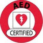 NMC - AED Certified, Hard Hat Label - Round, Black & Red on White, 0.004" Thick, Indoor or Outdoor, Adhesive Backed, For Certified Operator - Benchmark Tooling