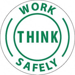 NMC - Work Think Safely, Hard Hat Label - Round, Green on White, 0.004" Thick, Indoor or Outdoor, Adhesive Backed, For Accident Prevention - Benchmark Tooling