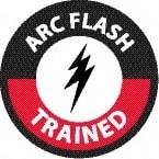 NMC - Arc Flash Trained, Hard Hat Label - Round, White & Red on Black, 0.004" Thick, Indoor or Outdoor, Adhesive Backed, For Accident Prevention - Benchmark Tooling