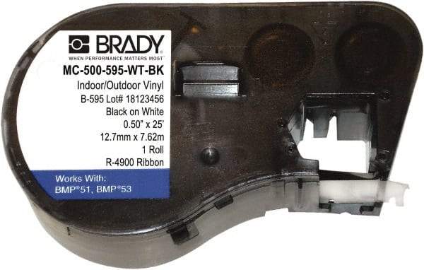 Brady - 1/2" Wide, Black & White Vinyl Labels - For BMP41 Label Printer, BMP51 Label Printer, BMP53 Label Printer - Benchmark Tooling