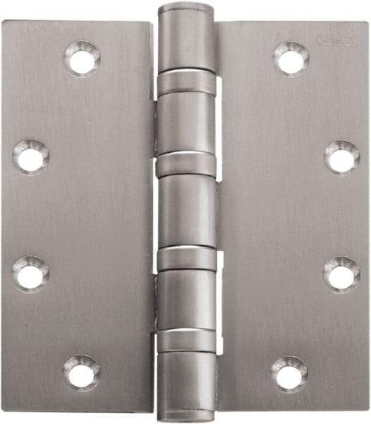 Stanley - 4-1/2" Long x 4" Wide Carbon Alloy Steel Full Mortise Hinge - Satin Chrome Plated Finish, 5 Knuckles, 8 Holes - Benchmark Tooling