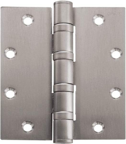 Stanley - 4-1/2" Long x 4-1/2" Wide Carbon Alloy Steel Full Mortise Hinge - Bright Brass Plated Finish, 5 Knuckles, 8 Holes - Benchmark Tooling