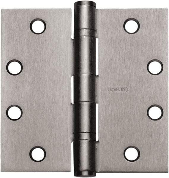 Stanley - 5" Long x 5" Wide Carbon Alloy Steel Full Mortise Hinge - Satin Chrome Plated Finish, 5 Knuckles, 8 Holes - Benchmark Tooling