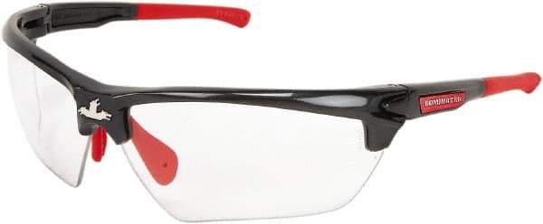 MCR Safety - Clear Lenses, Framed Safety Glasses - Anti-Fog, Gunmetal, Red Thermoplastic Rubber Frame, Adjustable Temples, Size Universal, Wrap Around - Benchmark Tooling