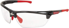 MCR Safety - Clear Lenses, Framed Safety Glasses - Anti-Fog, Gunmetal, Red Thermoplastic Rubber Frame, Adjustable Temples, Size Universal, Wrap Around - Benchmark Tooling
