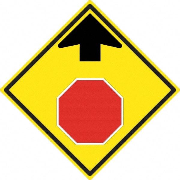 NMC - "Up Arrow, Stop Symbol", 24" Wide x 24" High, Aluminum Stop & Yield Signs - 0.08" Thick, Red & Black on Yellow, High Intensity Reflectivity, Diamond, Post Mount - Benchmark Tooling