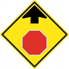 NMC - "Up Arrow, Stop Symbol", 24" Wide x 24" High, Aluminum Stop & Yield Signs - 0.08" Thick, Red & Black on Yellow, High Intensity Reflectivity, Diamond, Post Mount - Benchmark Tooling