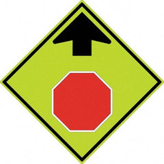 NMC - "Up Arrow, Stop Symbol", 30" Wide x 30" High, Aluminum Stop & Yield Signs - 0.08" Thick, Red & Black on Yellow, Diamond Grade Reflectivity, Diamond, Post Mount - Benchmark Tooling