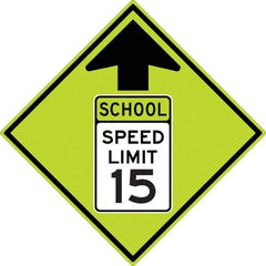 NMC - "School Speed Limit 15", "Up Arrow", 30" Wide x 30" High, Aluminum Warning & Safety Reminder Signs - 0.08" Thick, Black/Green, Diamond Grade Reflectivity, Diamond, Post Mount - Benchmark Tooling