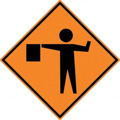 NMC - "Worker w/Directional Flag", 30" Wide x 30" High, Aluminum Construction Roadway Signs - 0.08" Thick, Black on Orange, High Intensity Reflectivity, Diamond, Post Mount - Benchmark Tooling