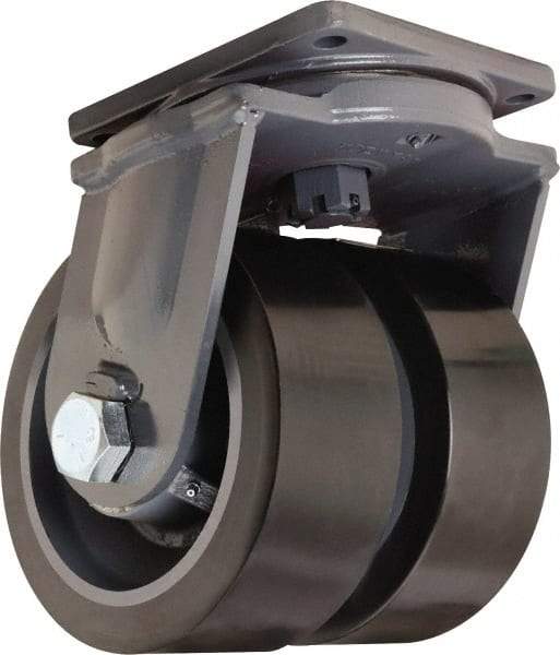 Hamilton - 10" Diam x 4" Wide x 13" OAH Top Plate Mount Dual Swivel Caster - Polyurethane Mold on Forged Steel, 13,000 Lb Capacity, Tapered Roller Bearing, 8-1/2 x 8-1/2" Plate - Benchmark Tooling