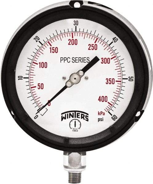 Winters - 4-1/2" Dial, 1/4 Thread, 0-60 Scale Range, Pressure Gauge - Bottom Connection Mount, Accurate to ±0.5% of Scale - Benchmark Tooling