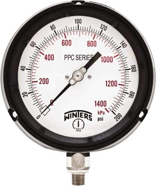 Winters - 4-1/2" Dial, 1/4 Thread, 0-200 Scale Range, Pressure Gauge - Bottom Connection Mount, Accurate to ±0.5% of Scale - Benchmark Tooling