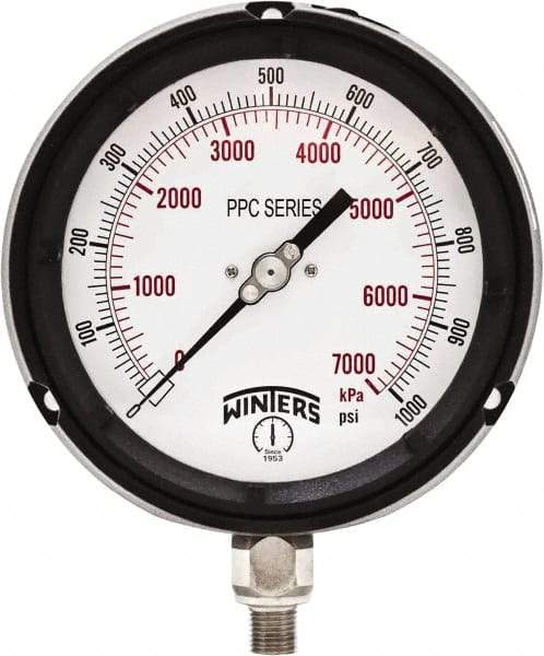 Winters - 4-1/2" Dial, 1/4 Thread, 0-1,000 Scale Range, Pressure Gauge - Bottom Connection Mount, Accurate to ±0.5% of Scale - Benchmark Tooling