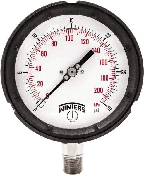 Winters - 4-1/2" Dial, 1/4 Thread, 0-30 Scale Range, Pressure Gauge - Bottom Connection Mount, Accurate to ±0.5% of Scale - Benchmark Tooling